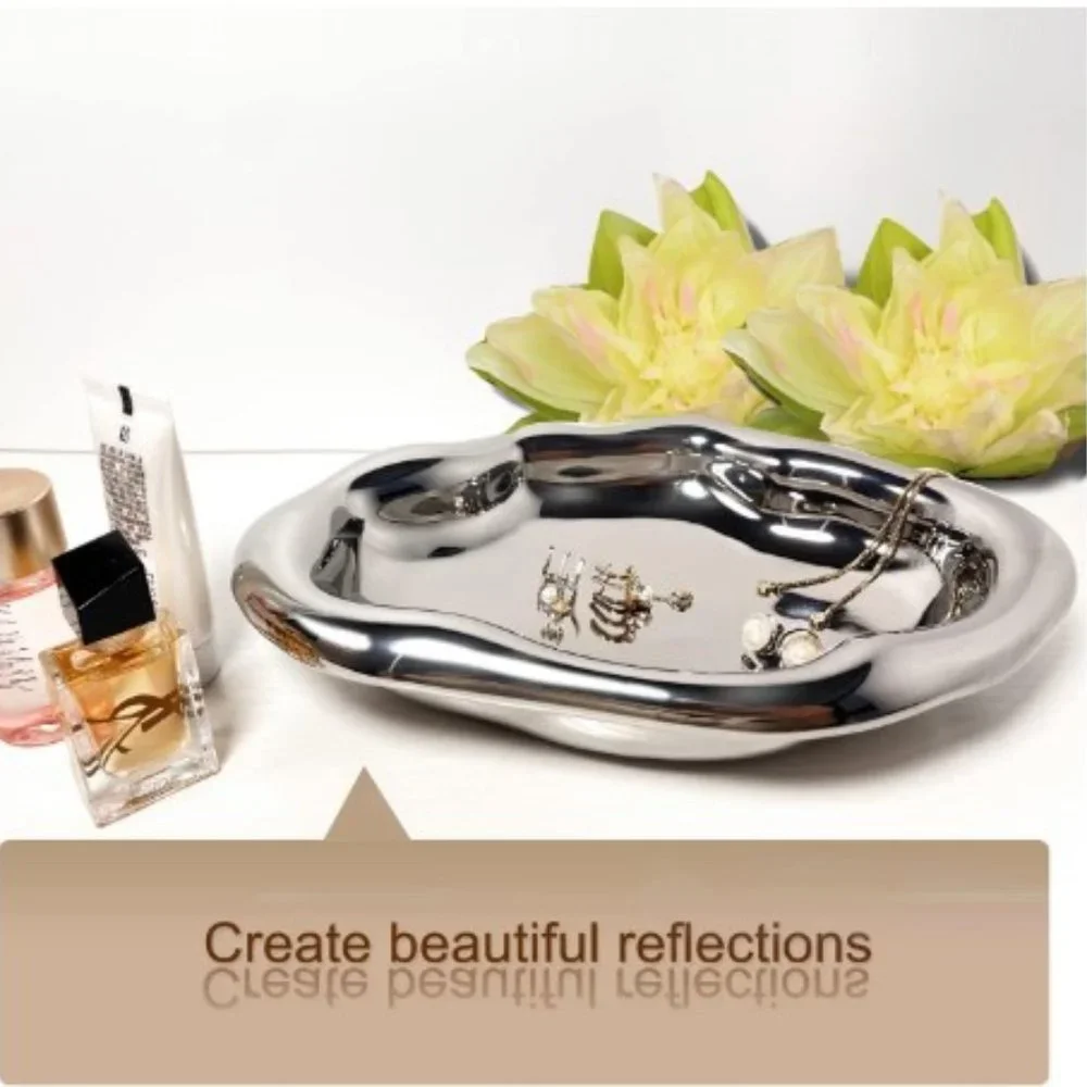 Ceramic Silver Jewelry Platter - Bathroom Accessory Tray - Silver Decor Tray